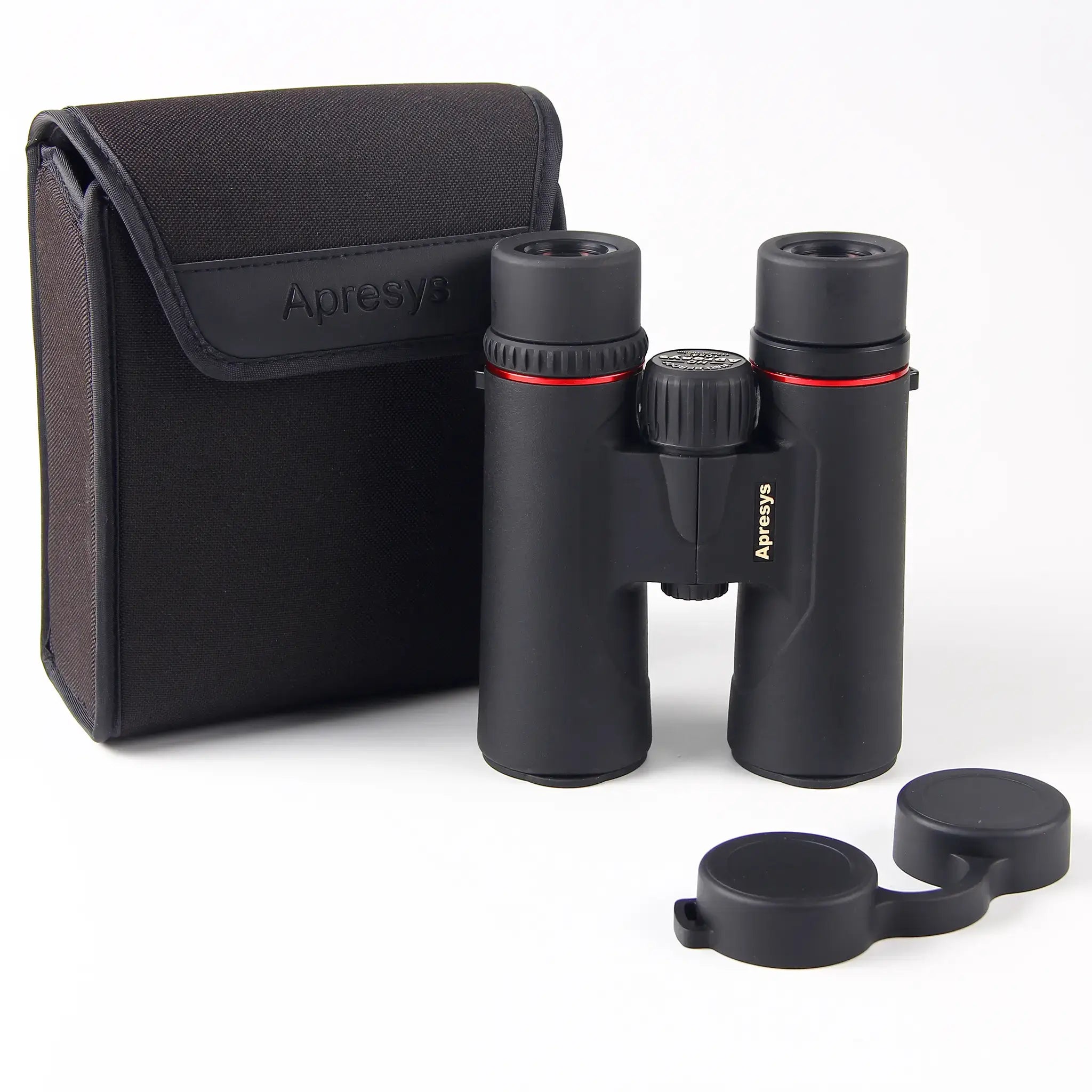 APRESYS H1042ED 10x42 ED binoculars with professional carrying case on white background showing portable outdoor travel and protection kit