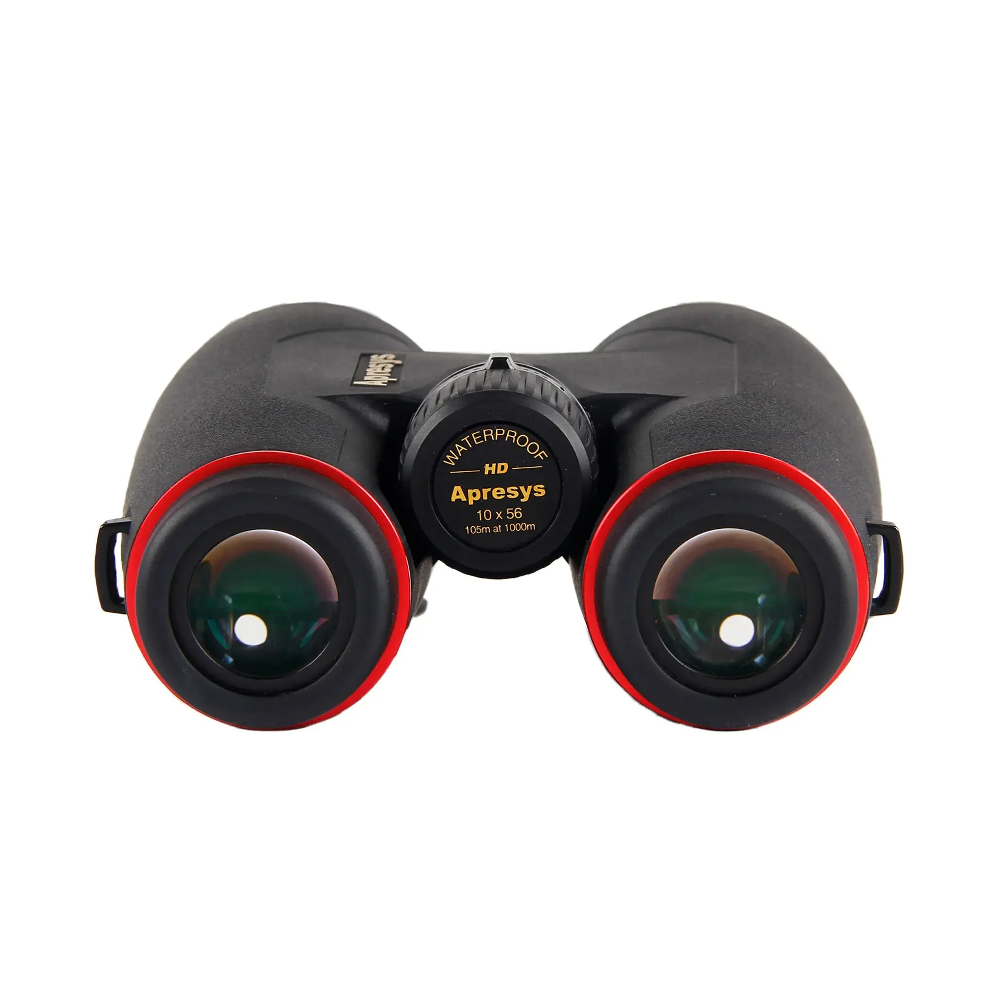 front-facing eyepiece detail of APRESYS HD56 Series binoculars showing premium optical coatings and large ocular lens design on white background