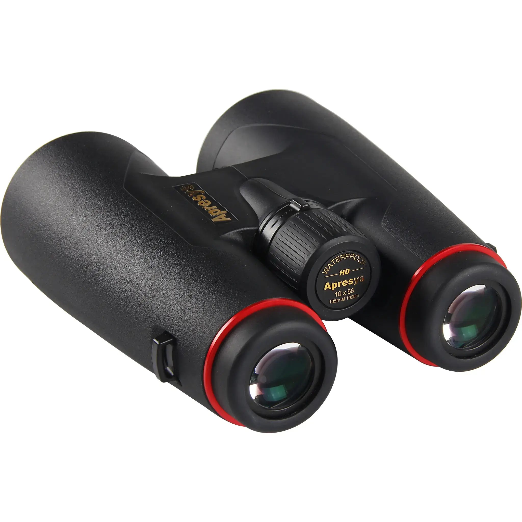45-degree view of APRESYS HD56 Series ED binoculars showing premium eyepiece detail and textured outdoor binocular body on white background