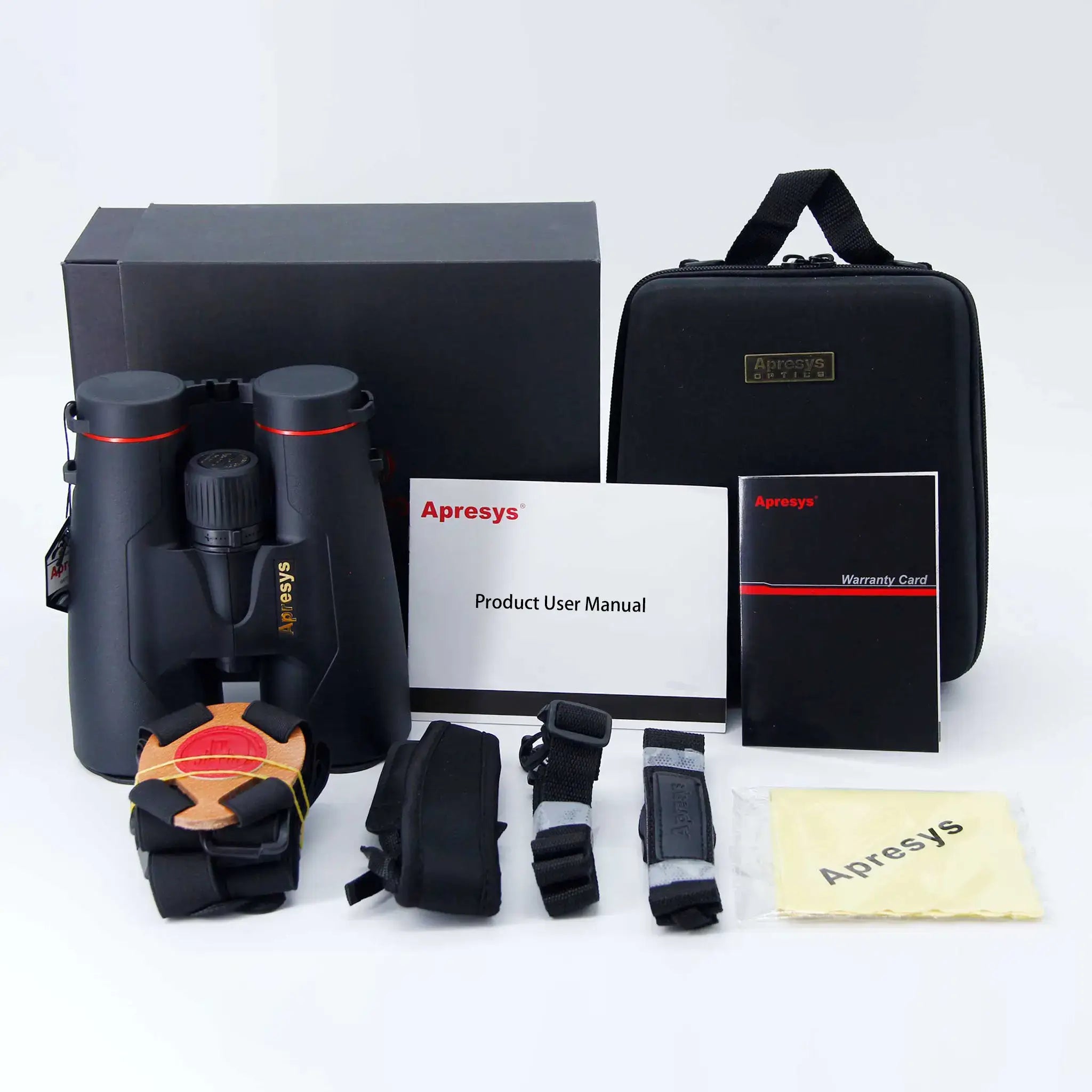 APRESYS HD56 Series binoculars with premium carrying case, straps, lens cloth, warranty card, user manual and retail packaging on white background
