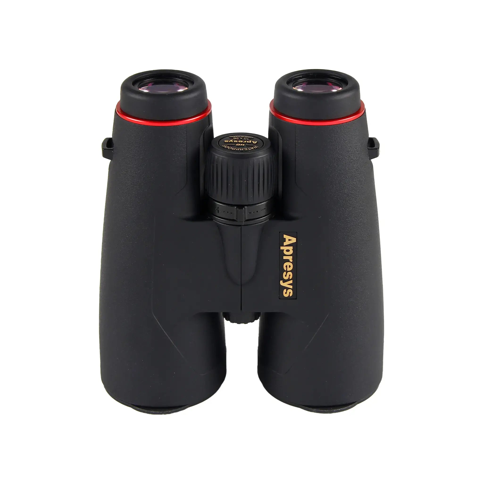 top angled view of APRESYS HD56 Series ED binoculars showing premium body texture and ergonomic outdoor optical design on white background