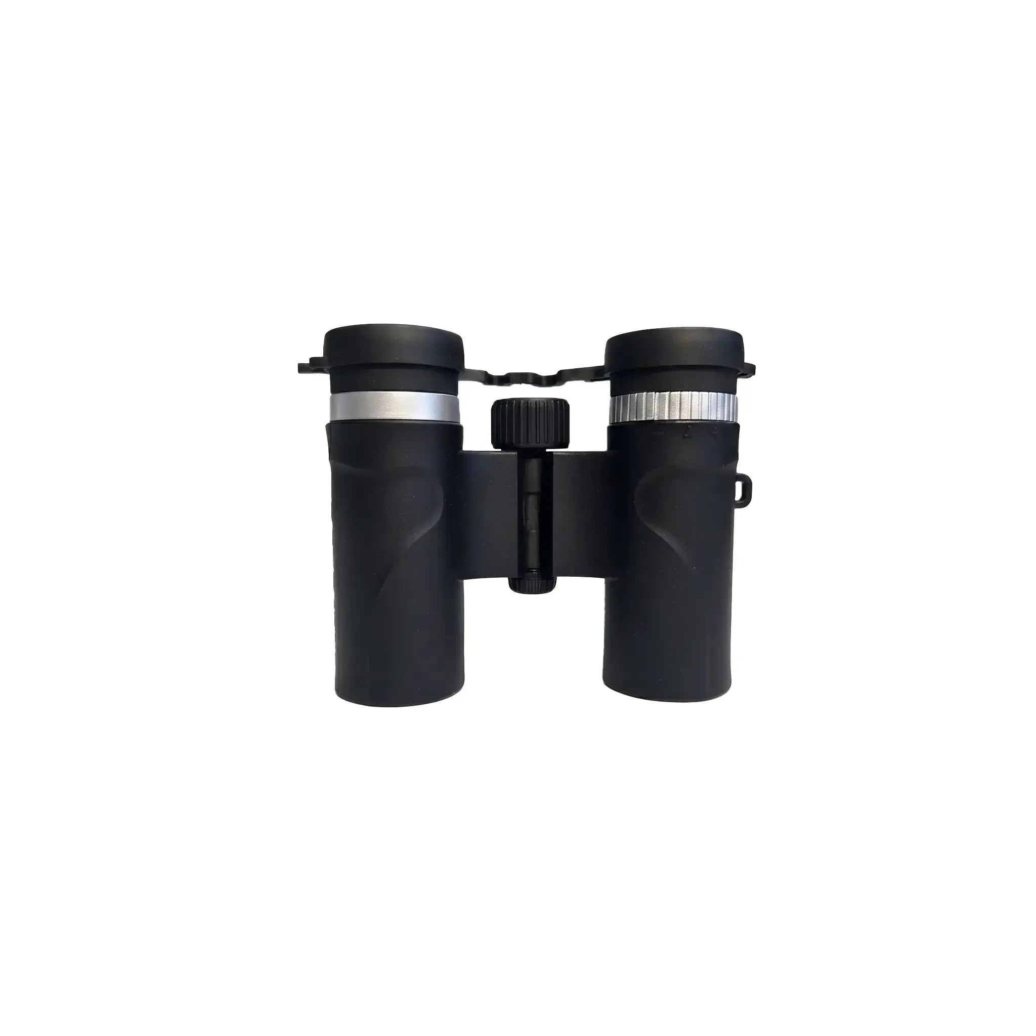Front standing view of the black Apresys Luck Mini 8x21 binoculars, highlighting the rugged non-slip rubber armor.
