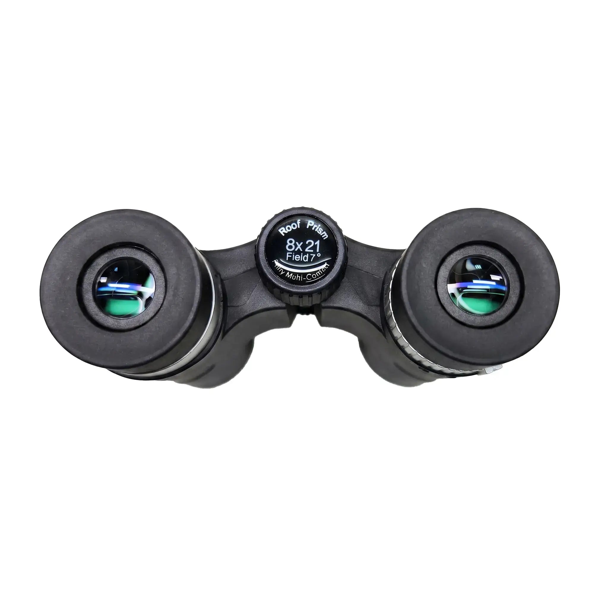 Top view of the black Apresys Luck Mini 8x21 binoculars, showing the smooth central focus wheel and precise adjustment.