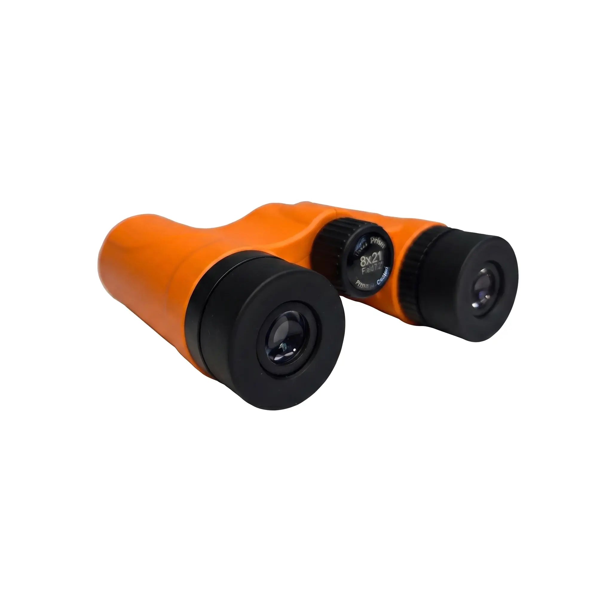 Perspective angle of the orange Apresys Luck Mini binoculars, showing the 8x21 magnification and BAK4 prism specs.