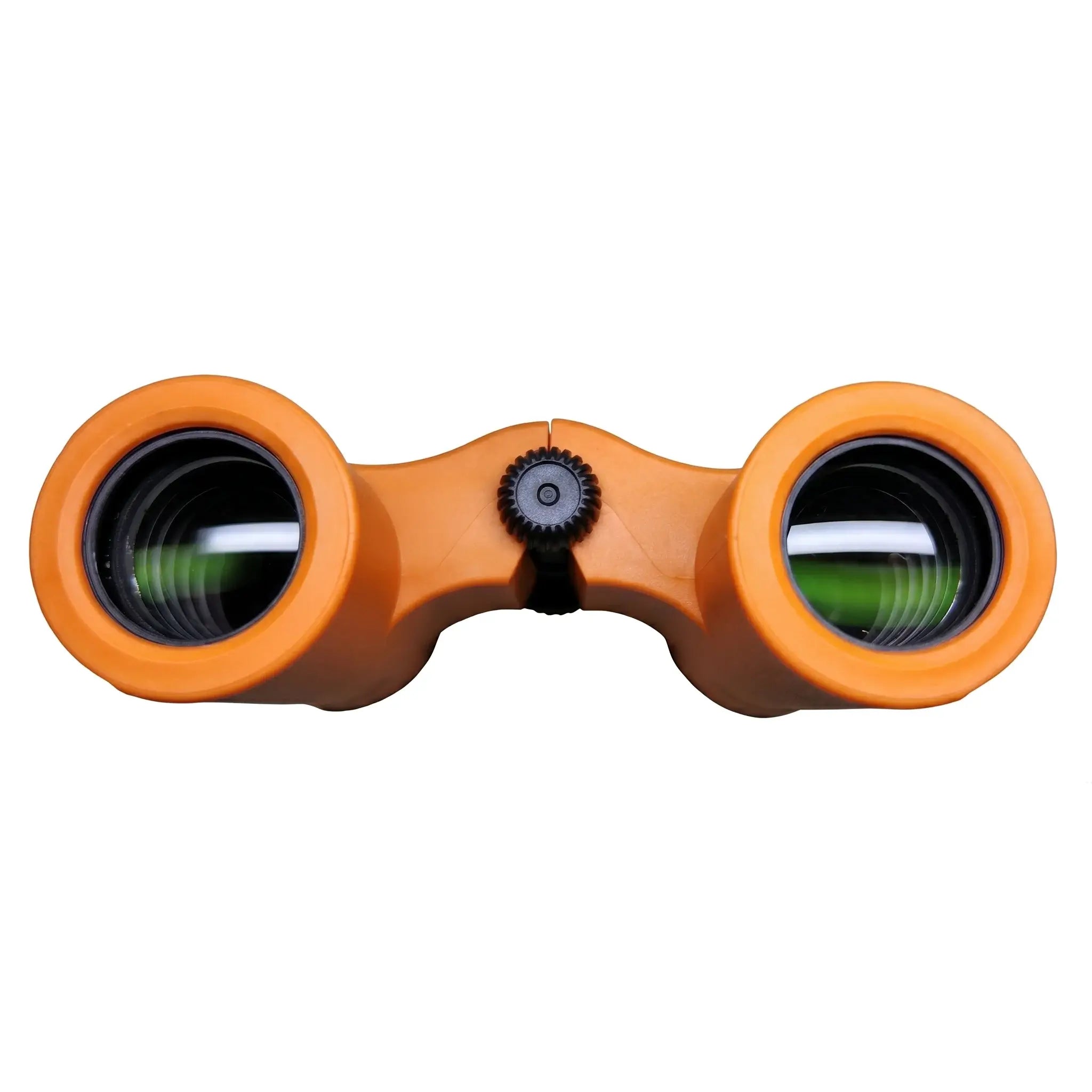 Front view of the 21mm objective lenses on orange Apresys Luck Mini binoculars with FMC green film for superior brightness.
