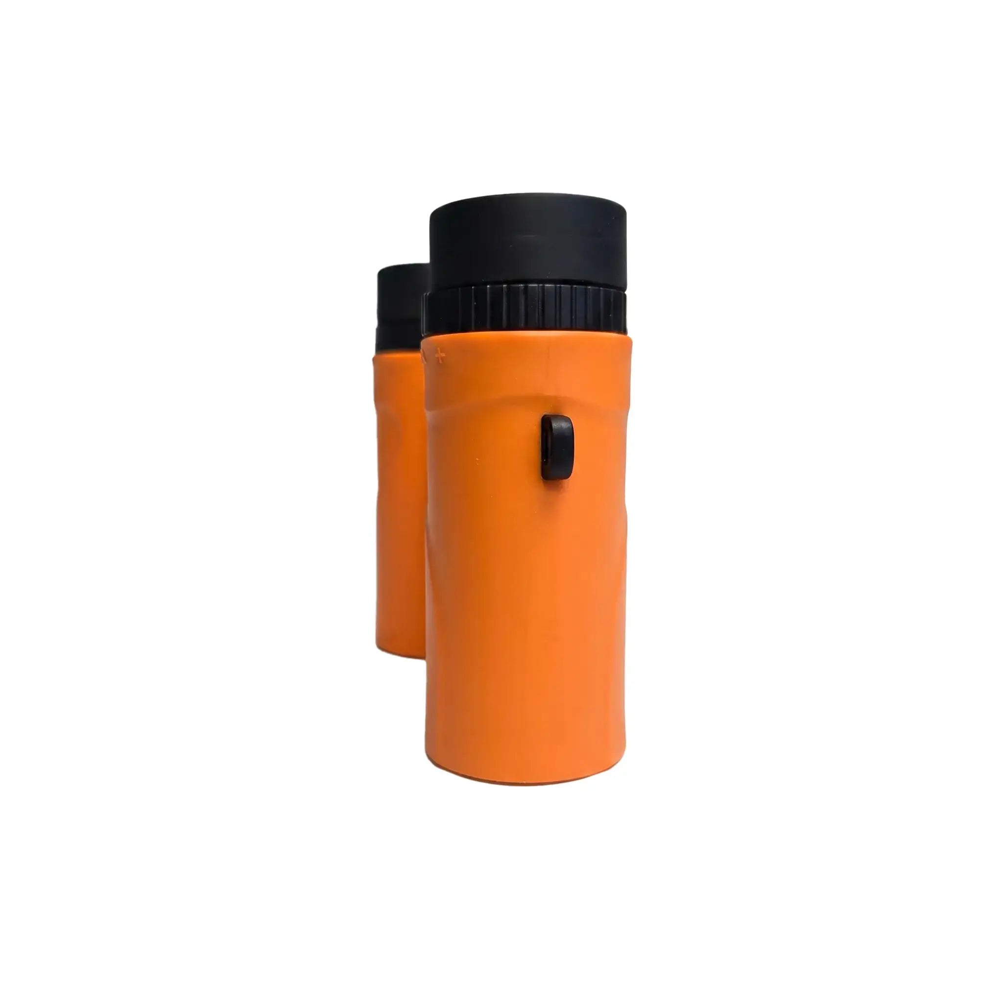 Side profile of the slim orange Apresys Luck Mini 8x21 binoculars, highlighting the ultra-compact and pocket-sized design.