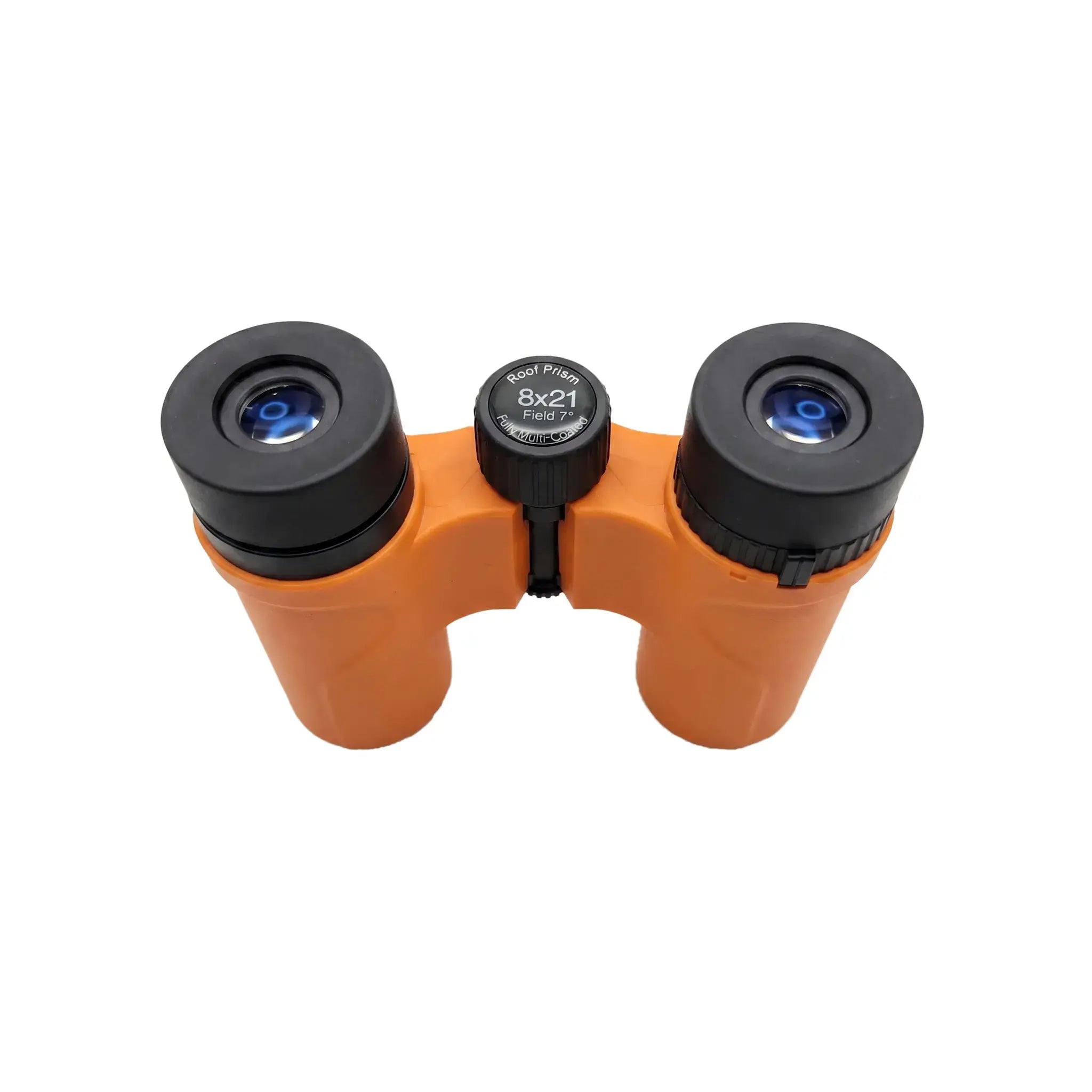 Top down view of orange Apresys Luck Mini 8x21 binoculars featuring a smooth central focus wheel and 7° wide field of view.