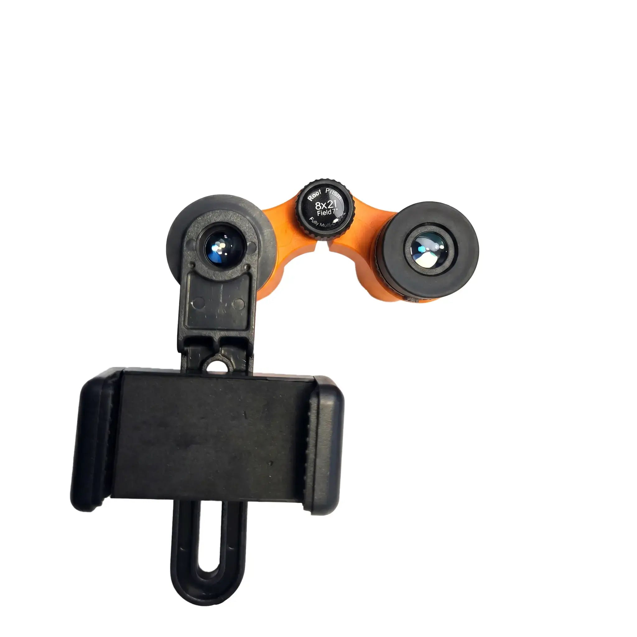 Top view showing the smartphone adapter alignment on the orange Apresys Luck Mini 8x21 binoculars eyepiece.