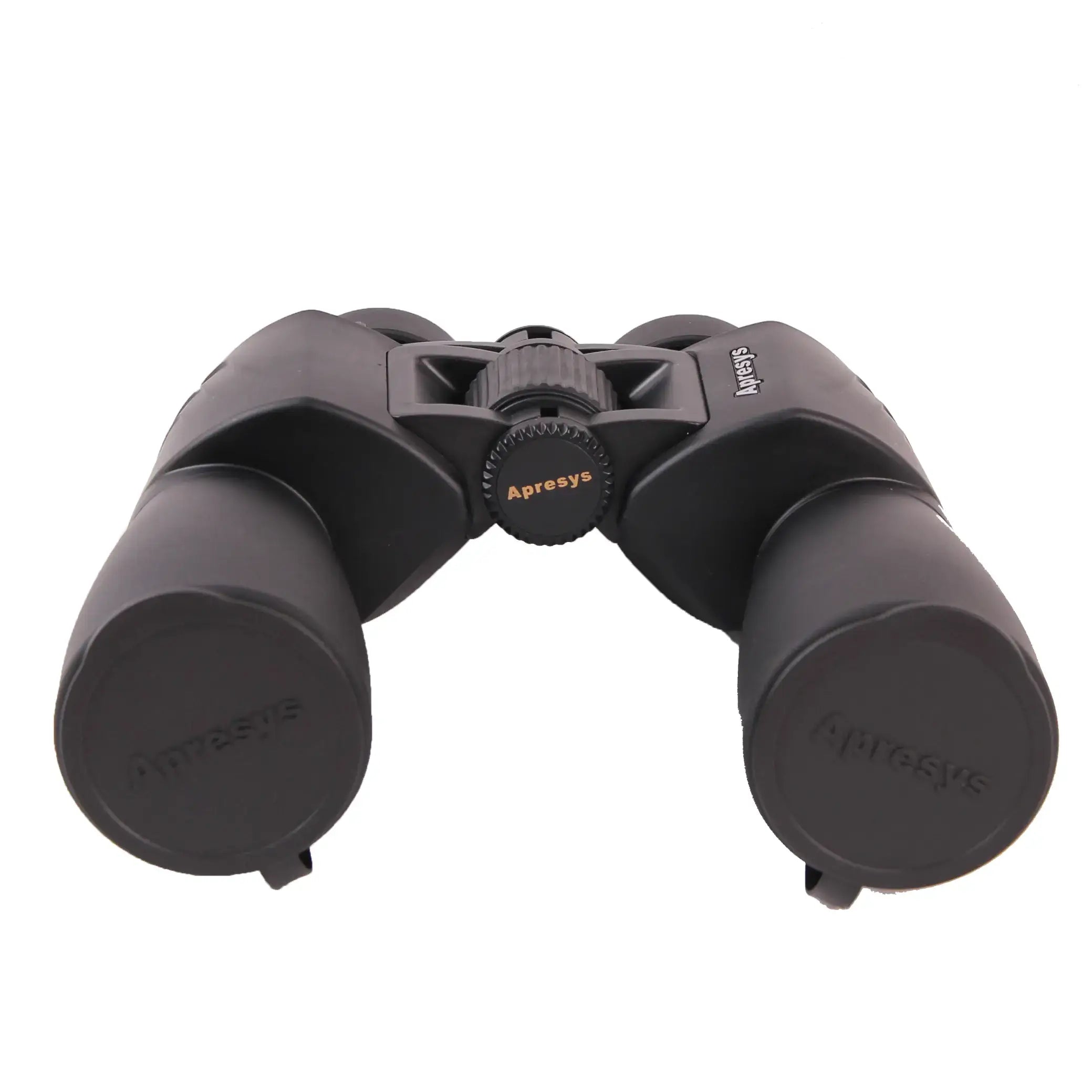 front objective lens view of APRESYS M5010 10x50 ED Porro prism binoculars with protective lens caps attached on white background