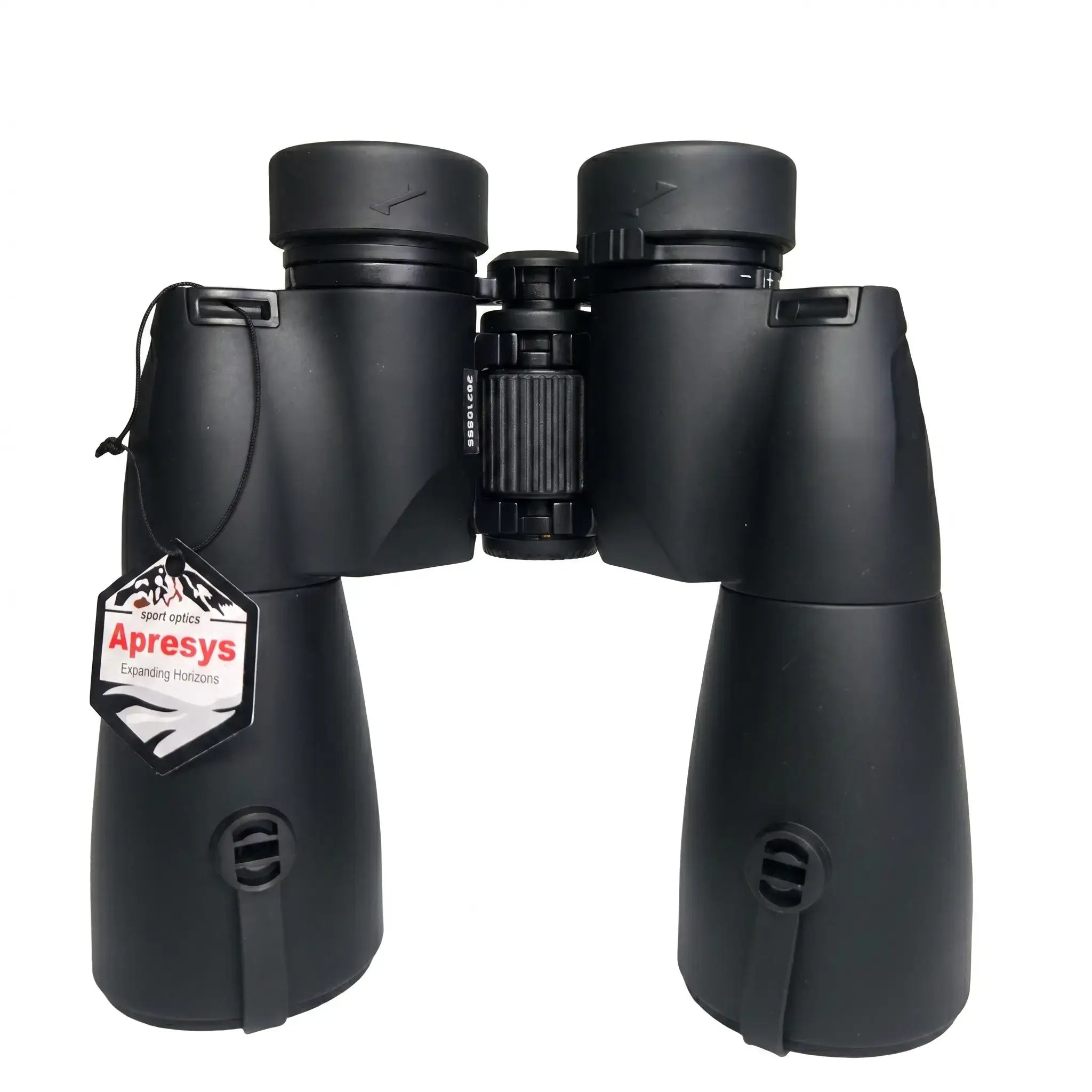 bottom view of APRESYS M5010 10x50 ED Porro prism binoculars showing tripod adaptable waterproof optical body structure on white background