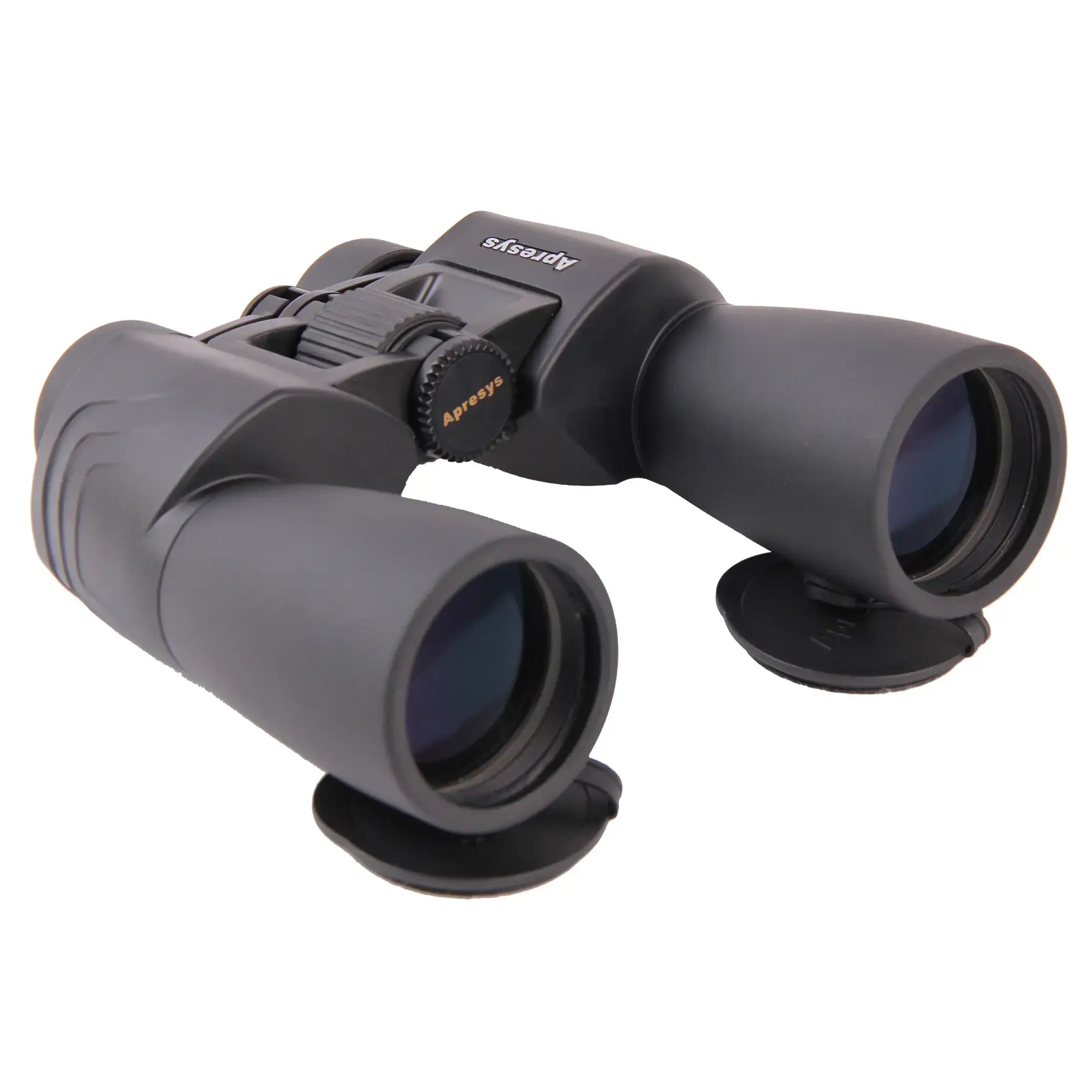 angled objective lens view of APRESYS M5010 10x50 ED Porro prism binoculars showing large coated optics and classic outdoor optical design on white background
