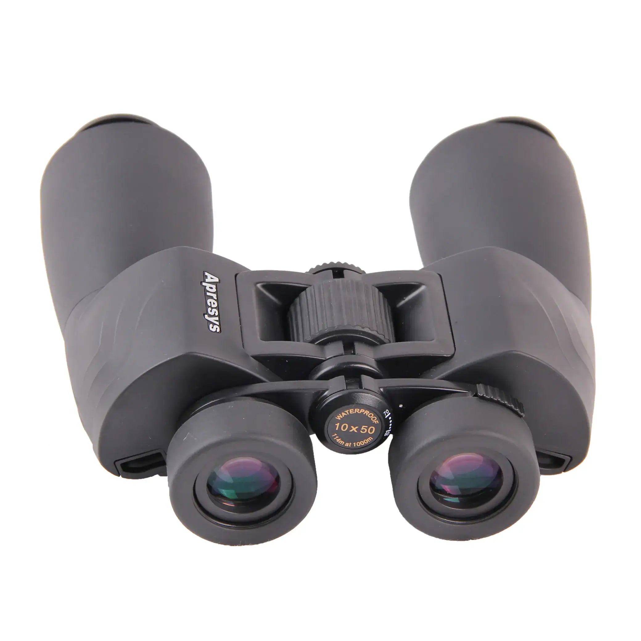 top view flat lay of APRESYS M5010 10x50 ED Porro prism binoculars showing full optical structure and professional outdoor design on white background