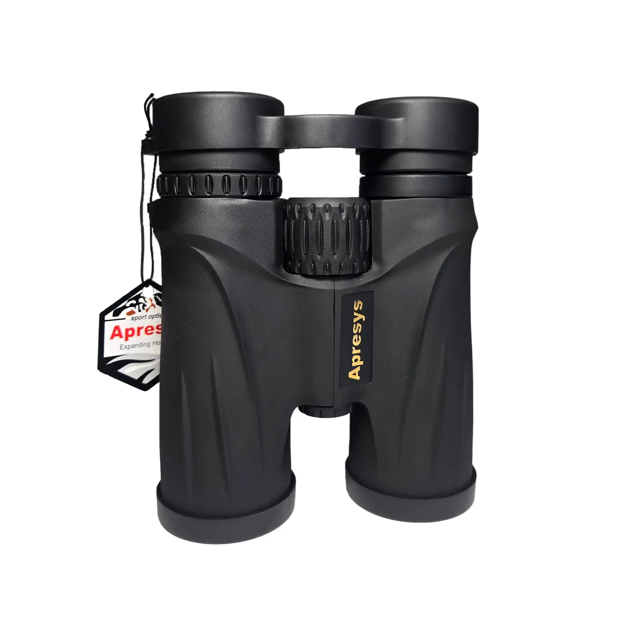 front angled view of APRESYS S4210 10x42 phase coated binoculars with BaK4 optics and waterproof outdoor construction on white background