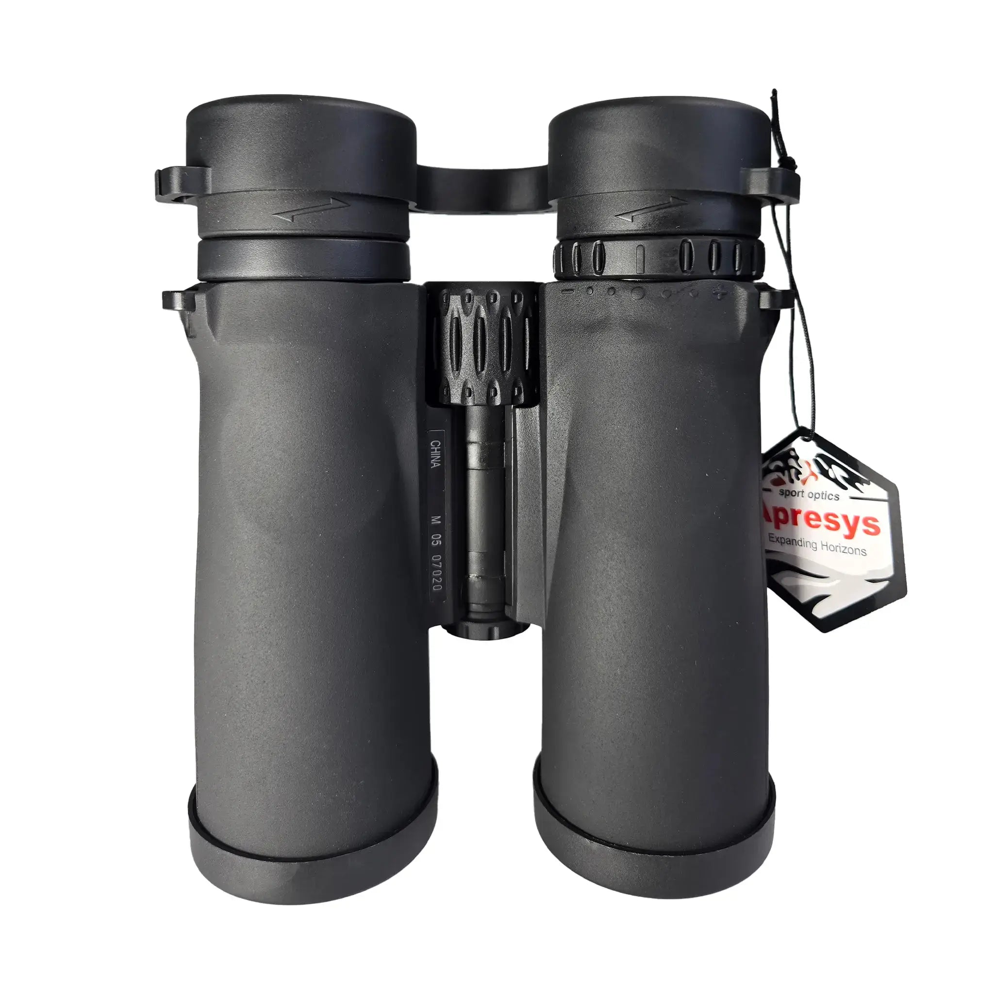 bottom view of APRESYS S4210 10x42 phase coated binoculars showing waterproof outdoor construction on white background