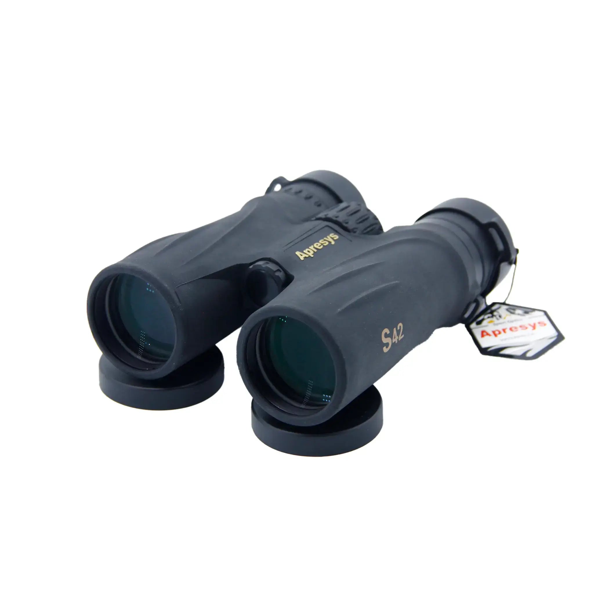 close-up of APRESYS S4210 10x42 binocular objective lenses showing BaK4 phase coated optical glass with reflective coating detail on white background