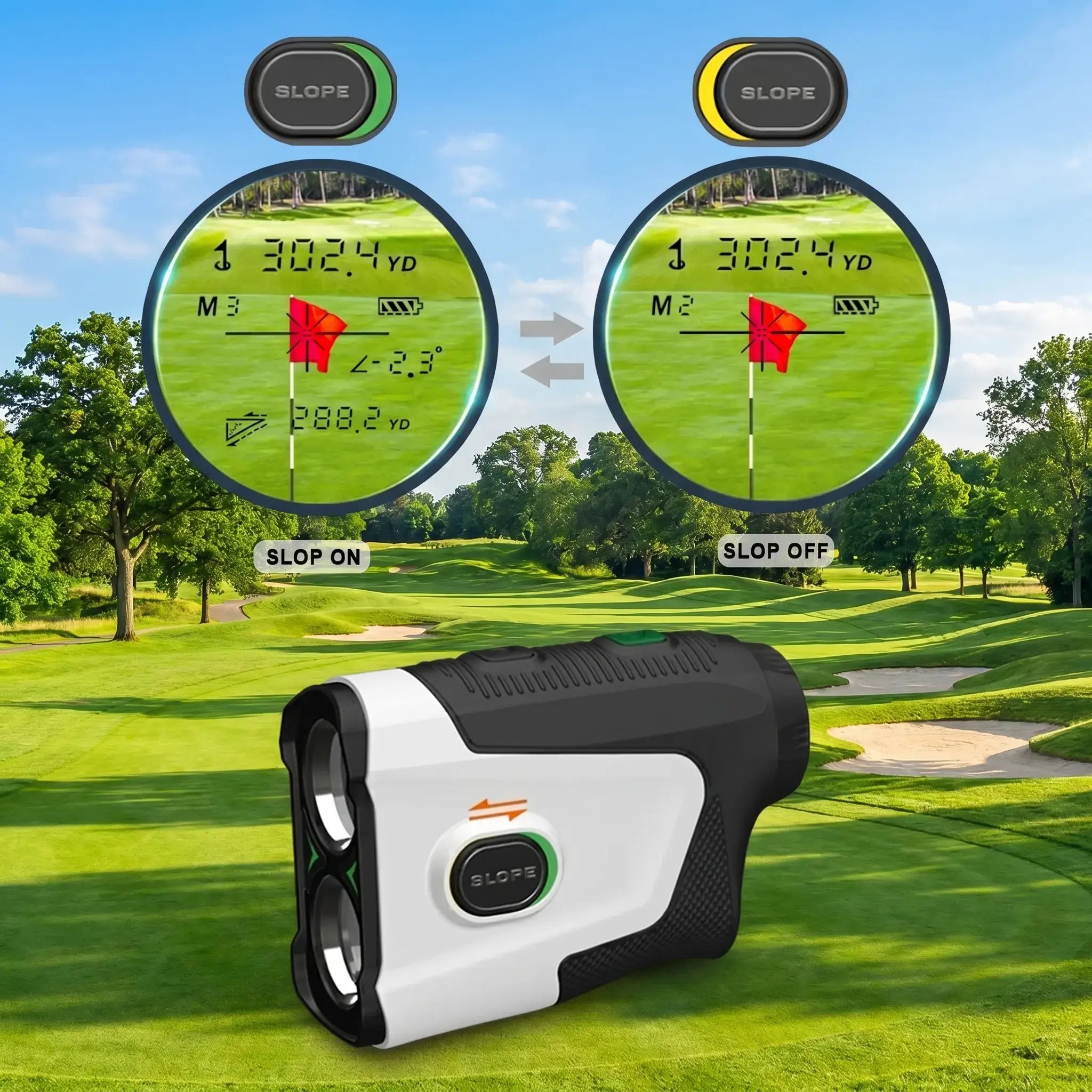 Golf rangefinder with one-touch switch between Slope Mode and Tournament Mode